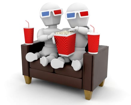 3D couple watching movies at home isolated