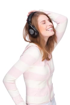 Young woman listens to music