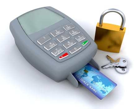 Credit card in machine with padlock and key