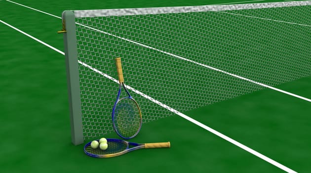 3d render of tennis racquet and balls
