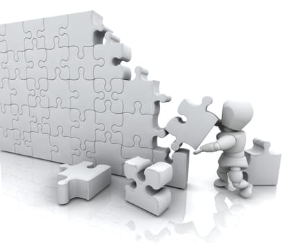 3D render of a man solving a jigsaw puzzle