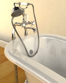 3d render of classic roll top bath and taps with shower attatchment  in contemporary interior