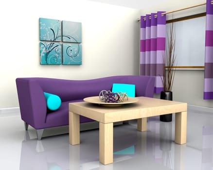 3D render of a contemporary interior and sofa