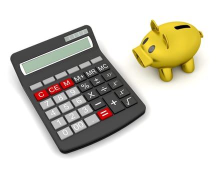 3D render of a piggy bank and a calculator