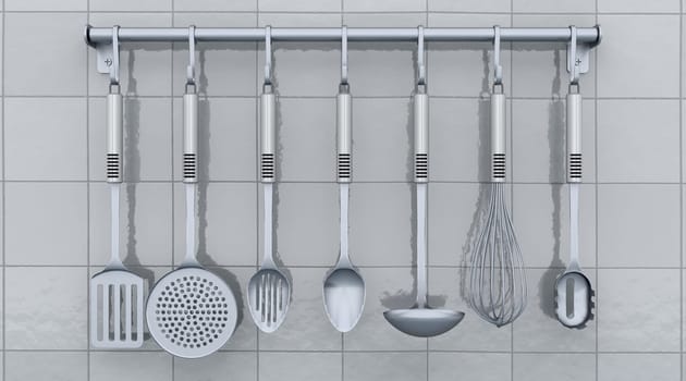 3d render of kitchen utensils on a rack mounted on a tiled wall