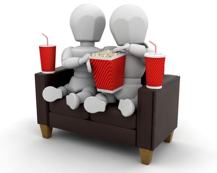 3d render of two people watching a film eating popcorn drinking sodas