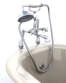 3d render of classic roll top bath and taps with shower attatchment  in contemporary  interior
