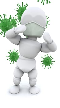 3d render of a man in mask surrounded by bacteria