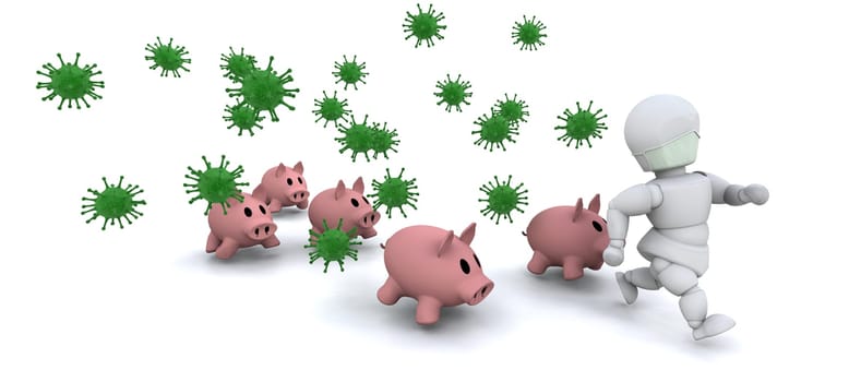 3d render of a man in mask surrounded by bacteria