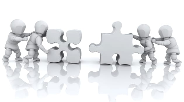 3D render of men solving jigsaw puzzles