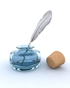 3d render of ink well and feather quill