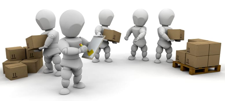 Workers stacking delivery boxes