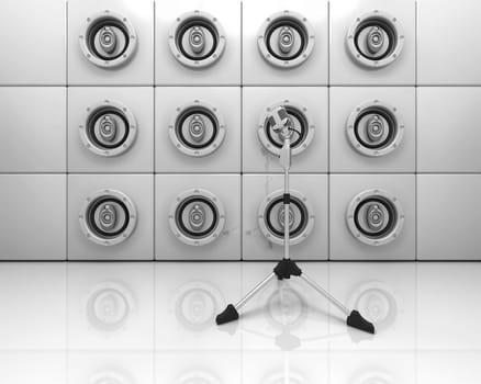 3d render of a wall of speakers and a microphone on a stand