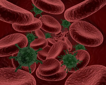3d render of blood cells and bacteria