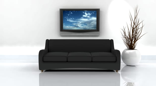 3d render of sofa and television on the wall