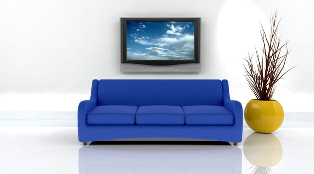 3d render of sofa and television on the wall