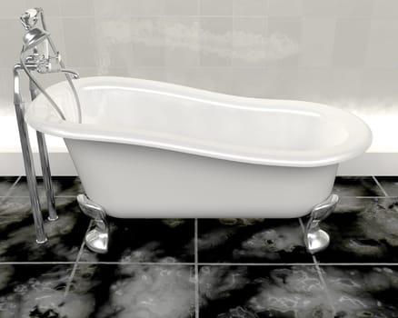 3d render of classic roll top bath and taps with shower attatchment  in contemporary  interior