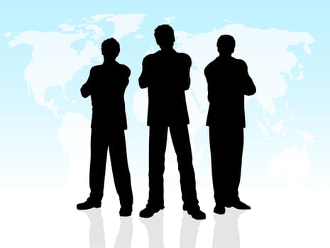 Silhouettes of business men on a world map background