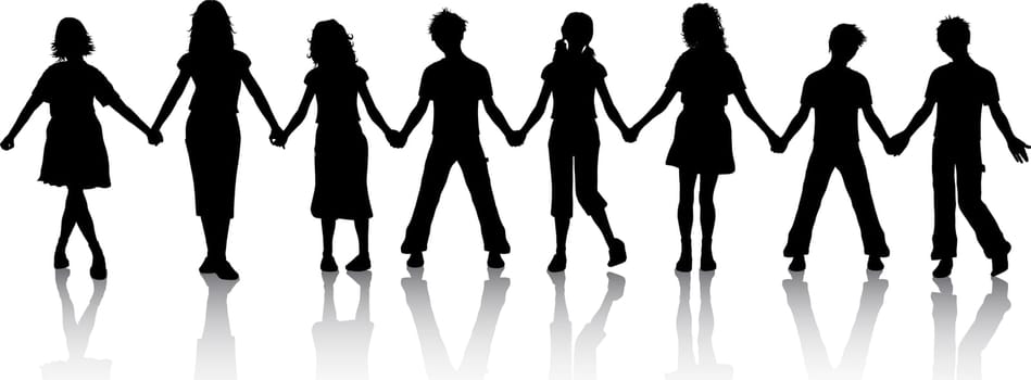 Silhouettes of children holding hands