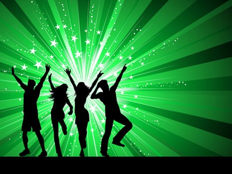 Silhouettes of people dancing on starburst background