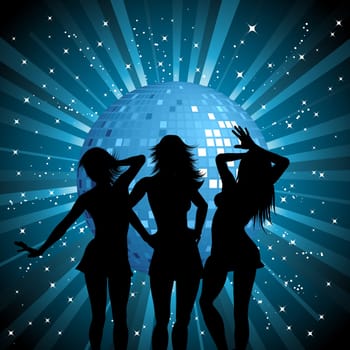 Silhouettes of sexy females on mirror ball background