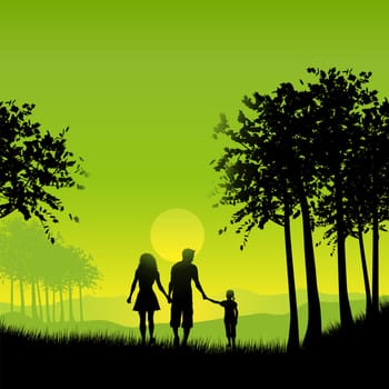 Silhouette of a family out walking