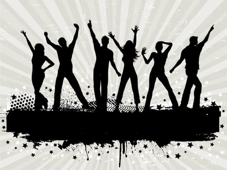 Silhouettes of people dancing on a grunge background