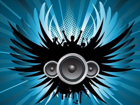 Silhouette of an excited crowd on a grunge music background