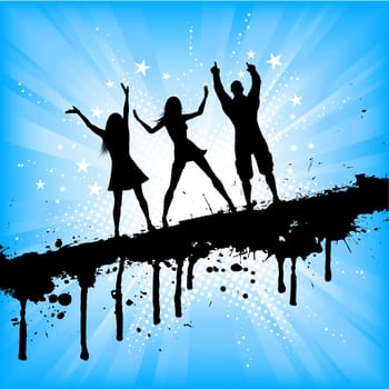 Silhouettes of people dancing on grunge starry background