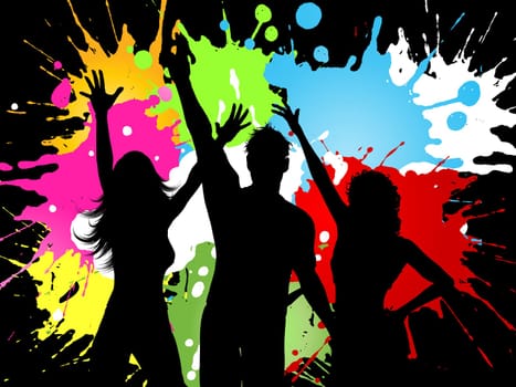 Silhouettes of people dancing on a grunge splat background