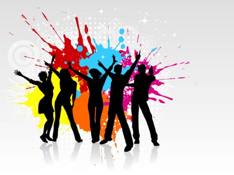 Silhouettes of people dancing on a grunge background
