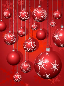 Hanging Christmas baubles on a snowflake background