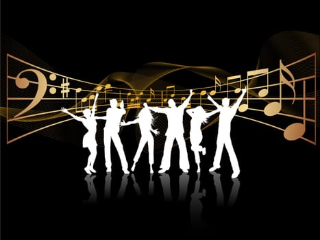Silhouettes of people dancing on music background