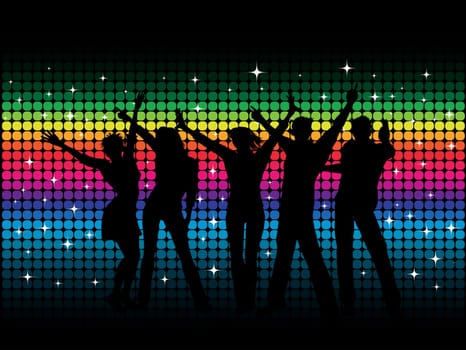 Silhouettes of people dancing on disco background