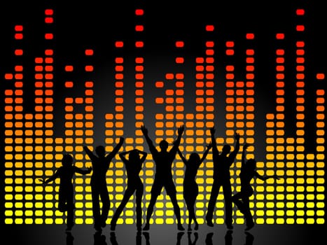 Silhouettes of people dancing on graphic equaliser background