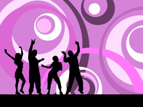 Silhouettes of people dancing on a retro styled abstract background