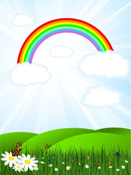Sunny landscape with rainbow sky and butterflies