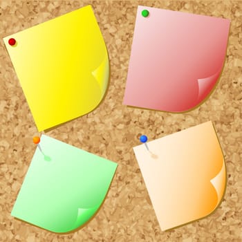 Different coloured post-it notes on cork noticeboard