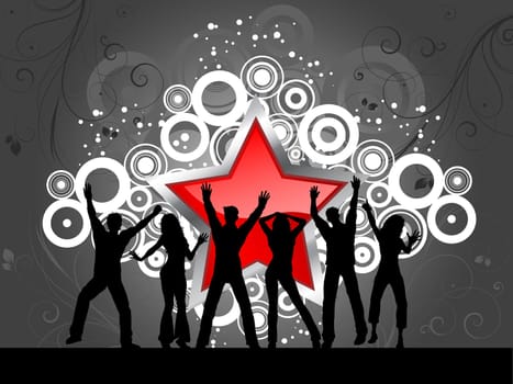 Silhouettes of people dancing on abstract star background