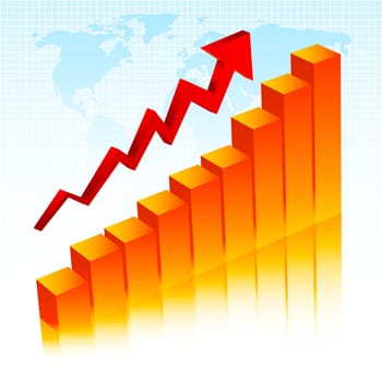 Chart showing rising profits on world map background