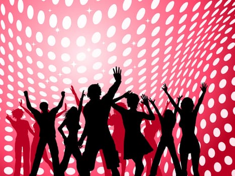 Silhouettes of people dancing on dot background