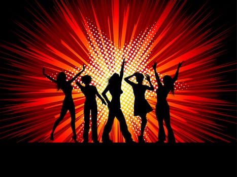 Silhouettes of sexy female dancers on starburst background