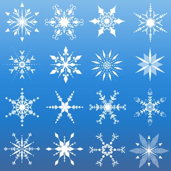 Sixteen different snowflake designs