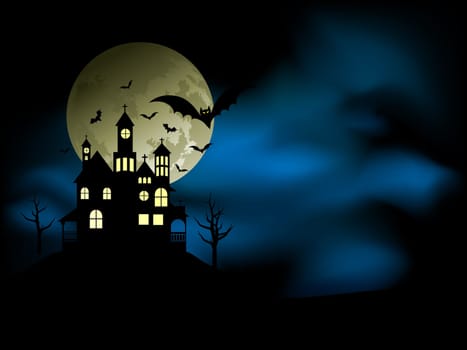 Spooky house with an eerie night sky and bats