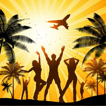 Silhouettes of people dancing on summer background