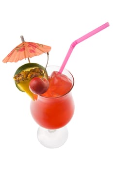 Mai Tai mixed drink with fruit and umbrella garnish on whte background