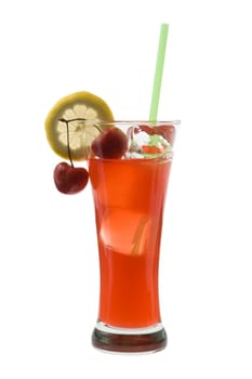 Zombie mixed drink with cherry and lemon garnish on white background
