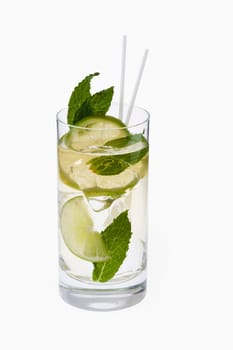 Mojito mixed drink with mint garnish on a white background