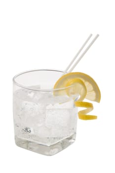 Club soda with lemon slice and peel garnish on white background