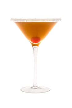 Amaretto Sour mixed drink with cherry on white background